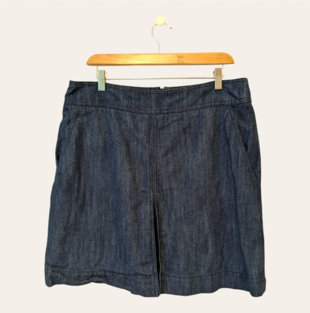 💙 Akris Punto Blue Denim A-Line Cotton Mini Skirt w/ Front Pleat, US 12 - Picture 3 of 12